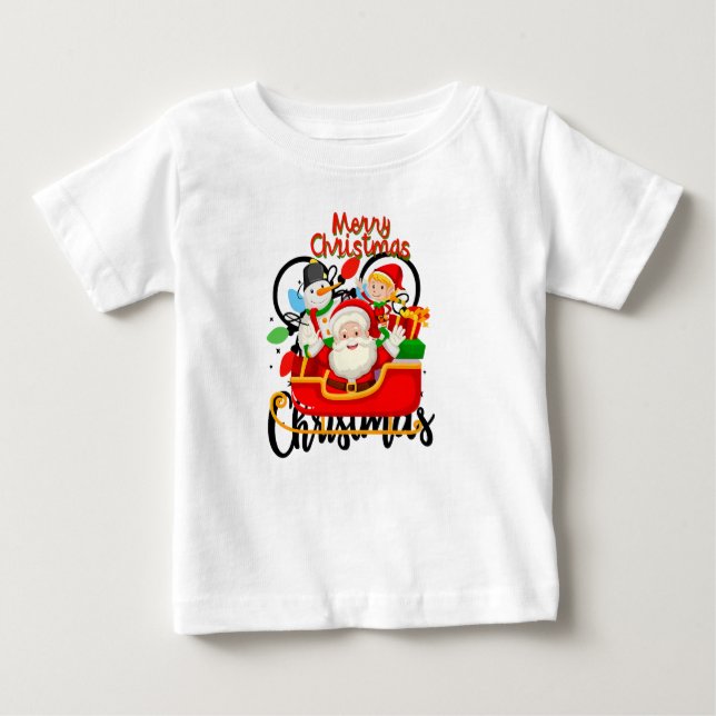 Camiseta Para Bebê Santa Sleigh Merry Christmas Cartoon (Frente)