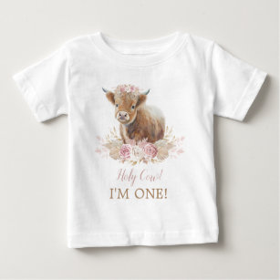 Camiseta Para Bebê Santa vaca, sou um primeiro aniversario rosa-boho
