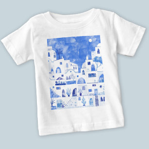 Camiseta Para Bebê Santorini - Ilhas Aquarela Gregas