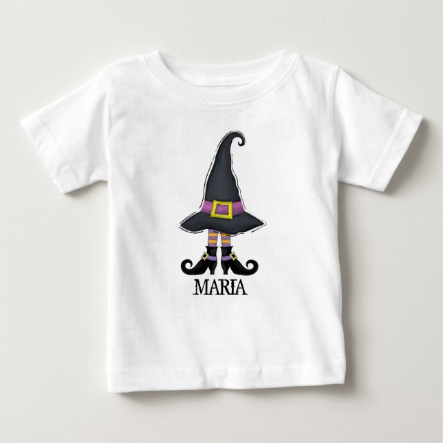 Camiseta Para Bebê Sapatos com Chapéu de Bruxa Divertida de Halloween (Frente)