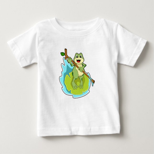 Camiseta Para Bebê Sapo como Hiker com Stick (Frente)