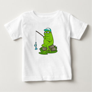Camiseta Para Bebê Sapo como pescador com cana de pesca e peixe