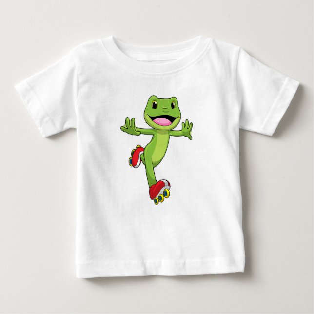 Camiseta Para Bebê Sapo como skater em linha com skates de cilindro (Frente)