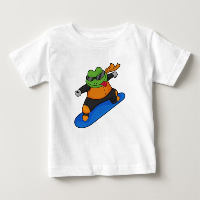 Camiseta Para Bebê Sapo como Snowobarder com Snowboard (Frente)