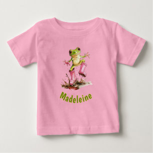 Camiseta Para Bebê Sapo em Botas Cor-de-Rosa de Chuva Monograma Paste