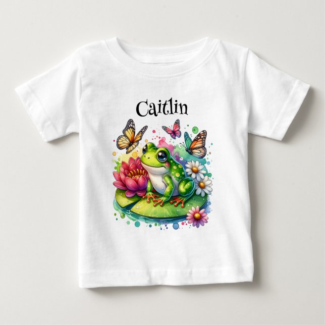Camiseta Para Bebê Sapo giro no calço lírio com flores e borboletas (Frente)