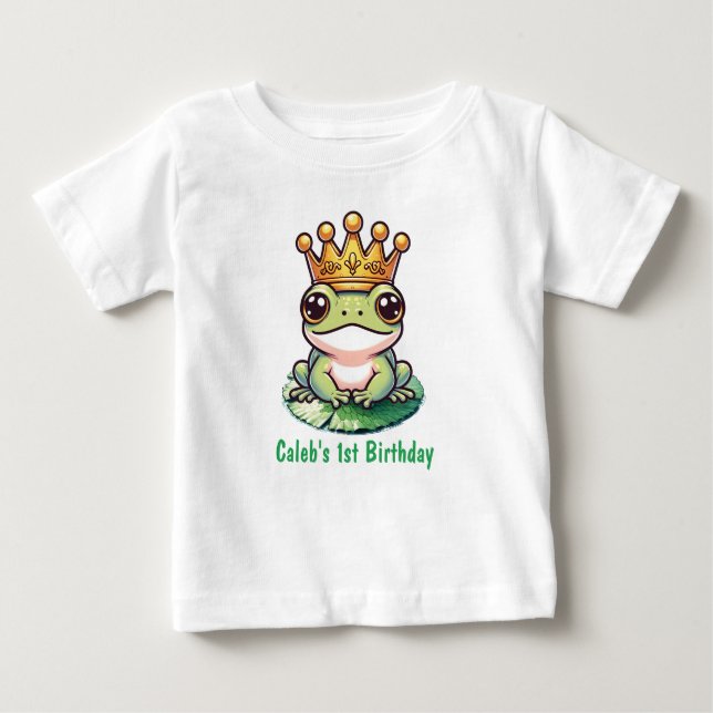 Camiseta Para Bebê Sapo Príncipe no primeiro aniversario Dourado de F (Frente)