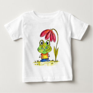 Camiseta Para Bebê Sapo verde branco sob uma flor vermelha