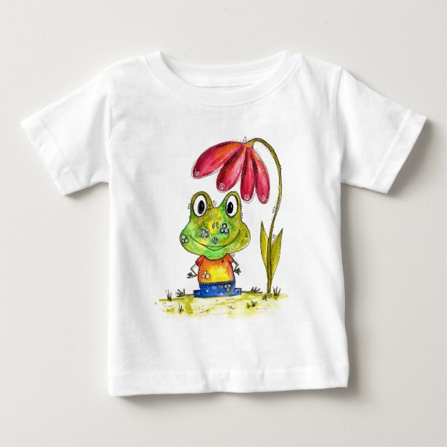 Camiseta Para Bebê Sapo verde branco sob uma flor vermelha (Frente)