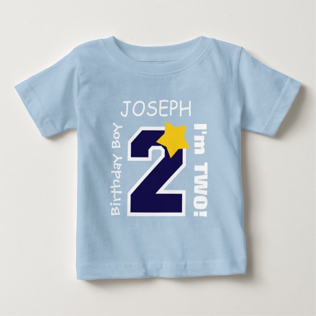 Camiseta Para Bebê segundo aniversário Boy BLUE Um Ano Nome Personali (Frente)