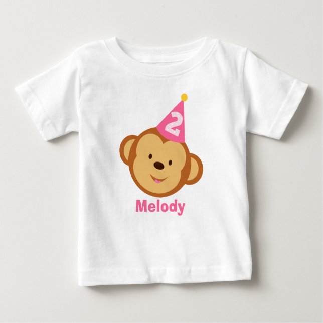 Camiseta Para Bebê segundo aniversário Macaco Rapariga com Nome Perso (Frente)