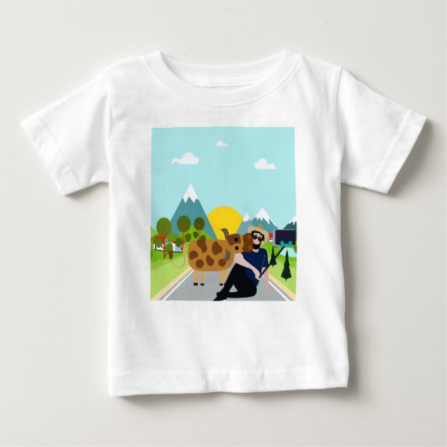 Camiseta Para Bebê Selfie com uma vaca na estrada (Frente)