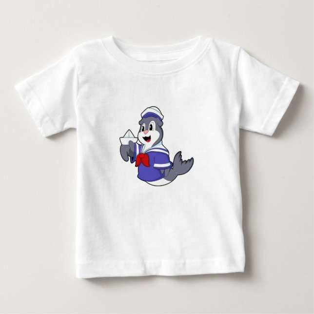 Camiseta Para Bebê Selo como marinheiro com barco (Frente)