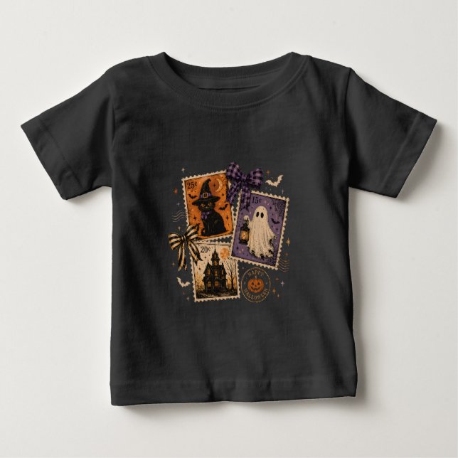 Camiseta Para Bebê Selos Postais de Halloween (Frente)