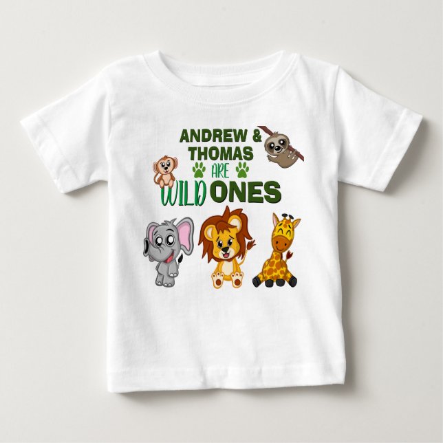 Camiseta Para Bebê Selva Uma Selva Safari Gêmeos Animais Primeiro Ani (Frente)