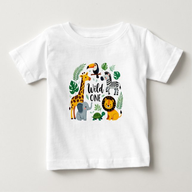 Camiseta Para Bebê Selvagem - Animais Safari Primeiro Aniversário (Frente)