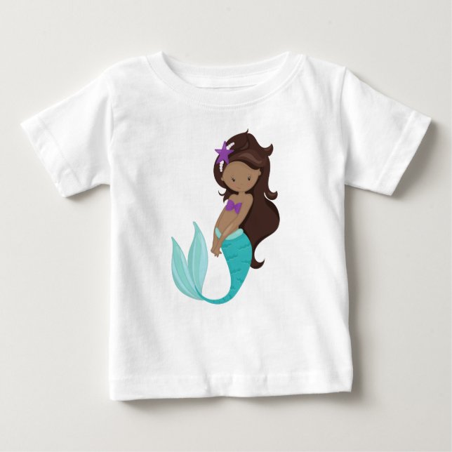 Camiseta Para Bebê Sereia Afro-Americana, Cabelo Marrom, Peixe-Estrel (Frente)