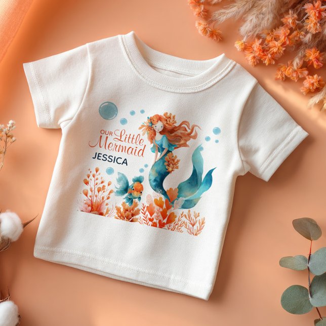 Camiseta Para Bebê Sereia Bonita Aquarela Menina Debaixo do Mar Nome (Criador carregado)