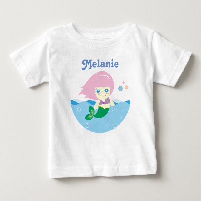Camiseta Para Bebê Sereia Bonita com Cabelo Rosa Personalizado (Frente)