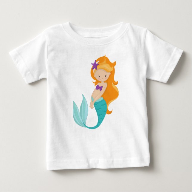 Camiseta Para Bebê Sereia Bonita, Pequena Sereia, Cabelo Laranja, Est (Frente)