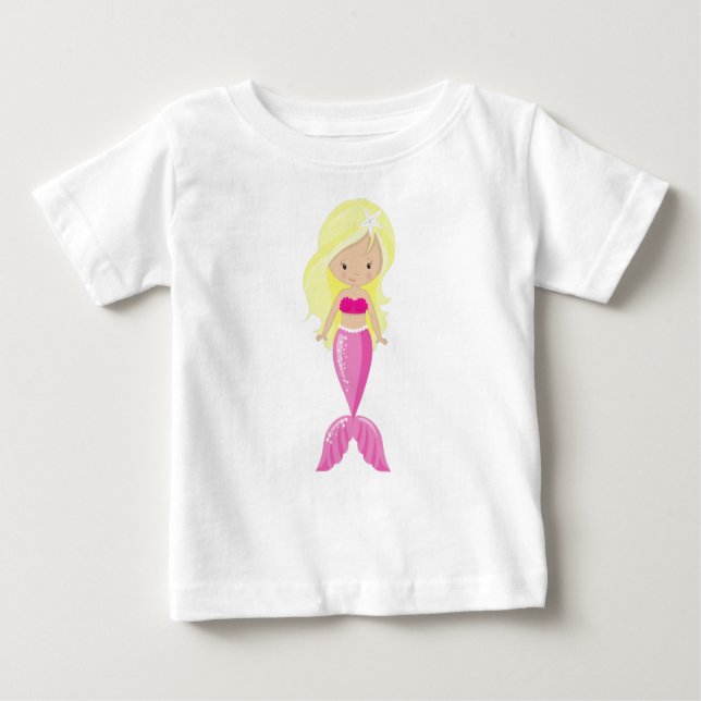 Camiseta Para Bebê Sereia Bonita, Pequena Sereia, Cabelo Loiro, Cauda (Frente)