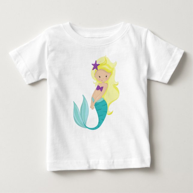 Camiseta Para Bebê Sereia Bonita, Pequena Sereia, Cabelo Louro, Estre (Frente)