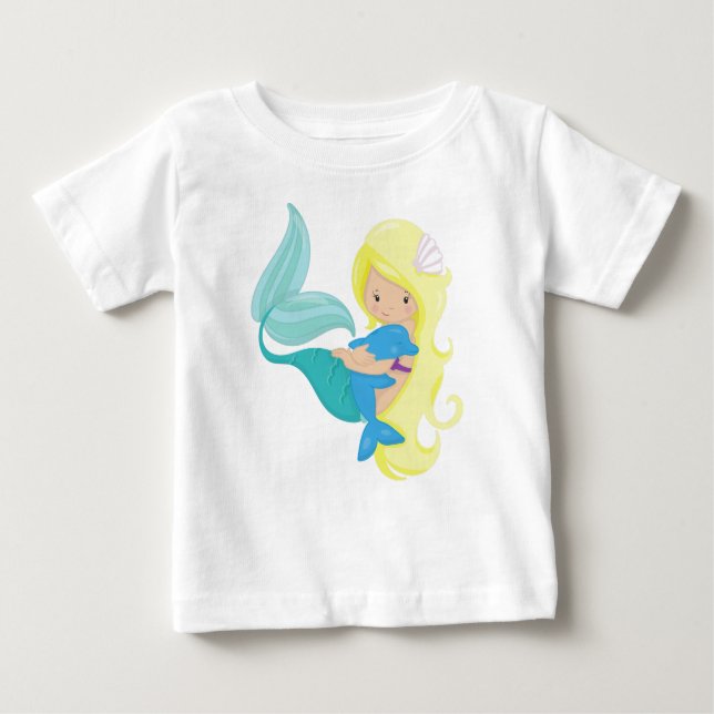 Camiseta Para Bebê Sereia Bonita, Pequena Sereia, Cabelo Louro, Golfi (Frente)