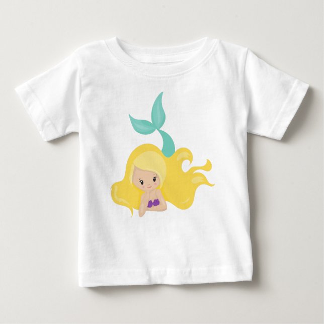Camiseta Para Bebê Sereia Bonita, Pequena Sereia, Cabelo Louro, Shell (Frente)