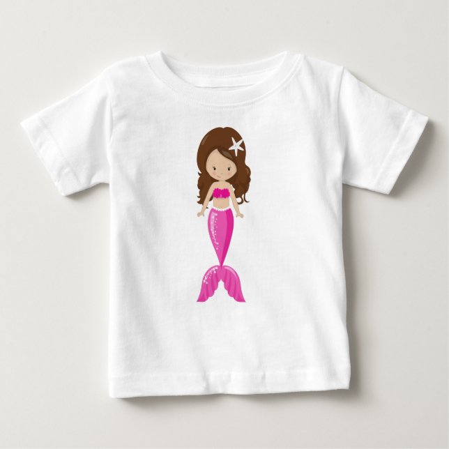 Camiseta Para Bebê Sereia Bonita, Pequena Sereia, Cabelo Marrom, Caud (Frente)