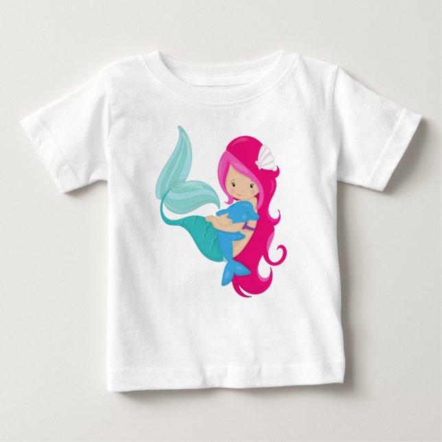Camiseta Para Bebê Sereia Bonita, Pequena Sereia, Cabelo Rosa, Golfin (Frente)