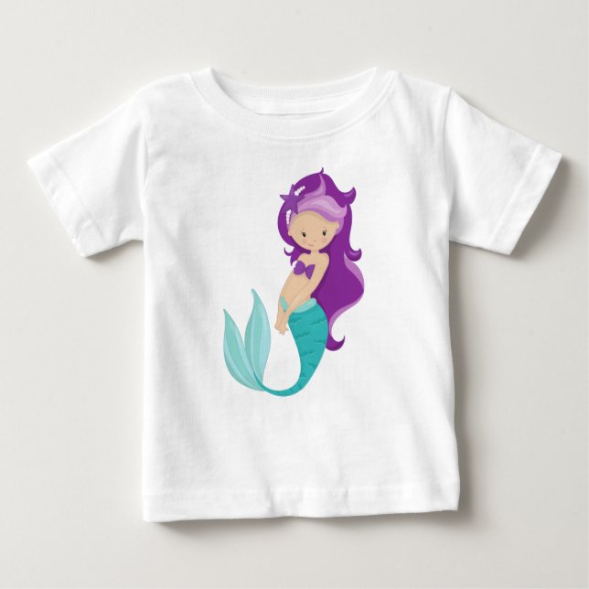 Camiseta Para Bebê Sereia Bonita, Pequena Sereia, Cabelo Roxo, Estrel (Frente)