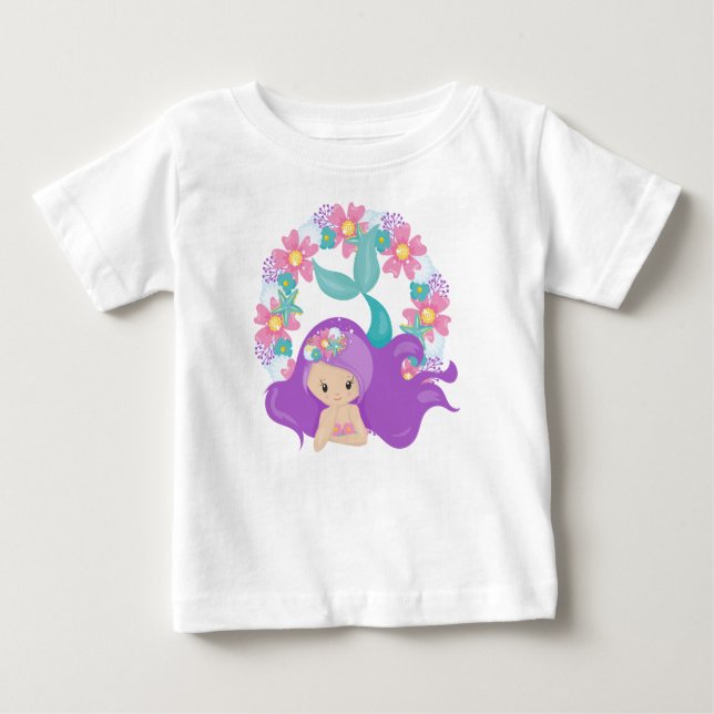 Camiseta Para Bebê Sereia Bonita, Pequena Sereia, Cabelo Roxo, Flores (Frente)