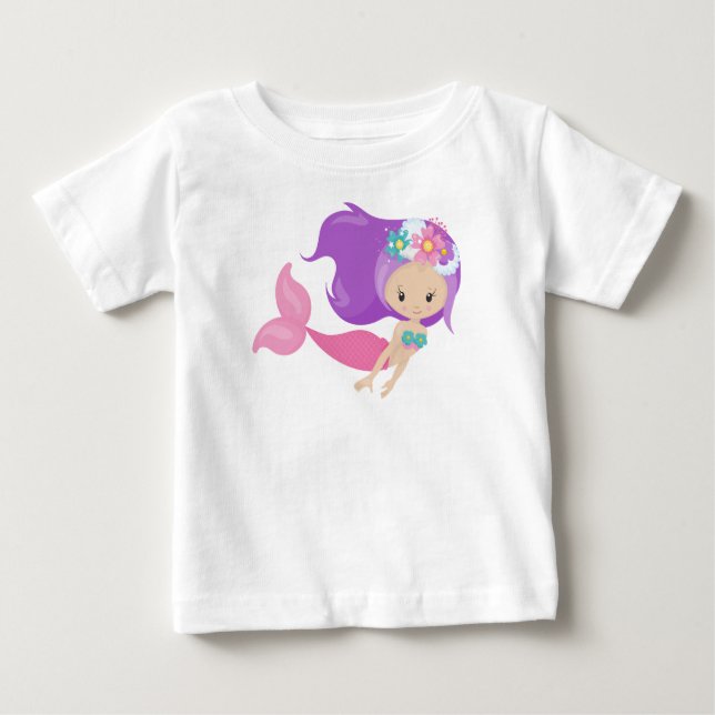 Camiseta Para Bebê Sereia Bonita, Pequena Sereia, Flores, Cabelo Roxo (Frente)