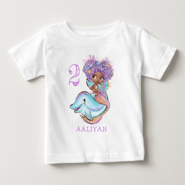Camiseta Para Bebê Sereia castanha com jato de golfinho (Frente)