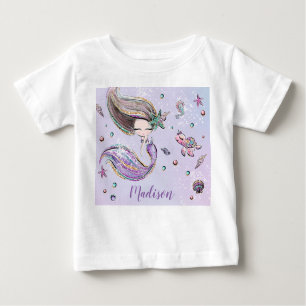 Camiseta Para Bebê Sereia Cuta Sob Roxo De Garota Marinha
