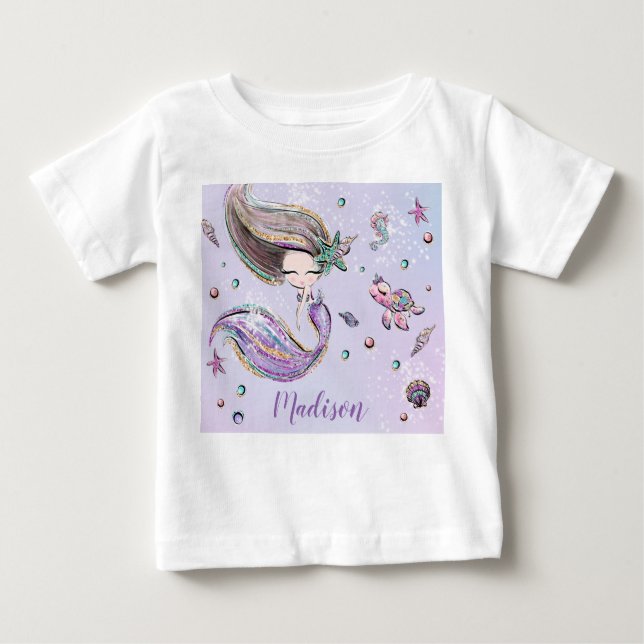 Camiseta Para Bebê Sereia Cuta Sob Roxo De Garota Marinha (Frente)