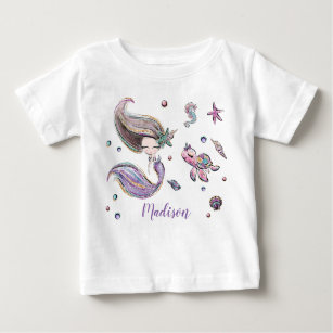 Camiseta Para Bebê Sereia de Cabelo Castanho Bonito Debaixo da Garota