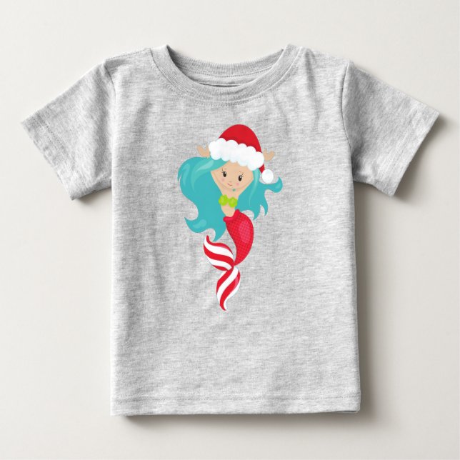 Camiseta Para Bebê Sereia de Natal, Santa Hat, Xmas, Ano Novo (Frente)