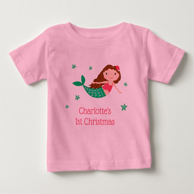 Camiseta Para Bebê Sereia Fofa 1º Natal (Frente)