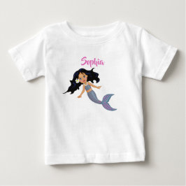 Camiseta Para Bebê Sereia Fofa Cabelo Escuro Rosa Nome Pessoal Femini