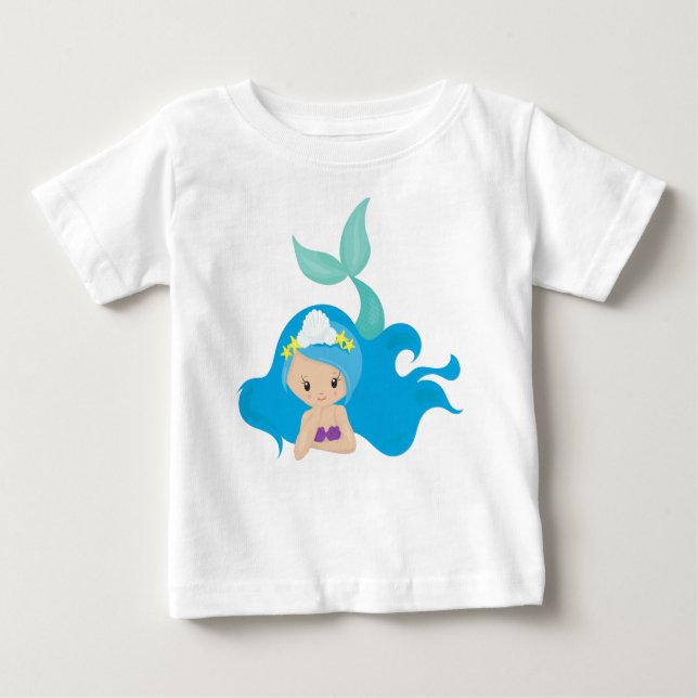 Camiseta Para Bebê Sereia Gira, Cabelo Azul, Pequena Sereia, Fécula (Frente)