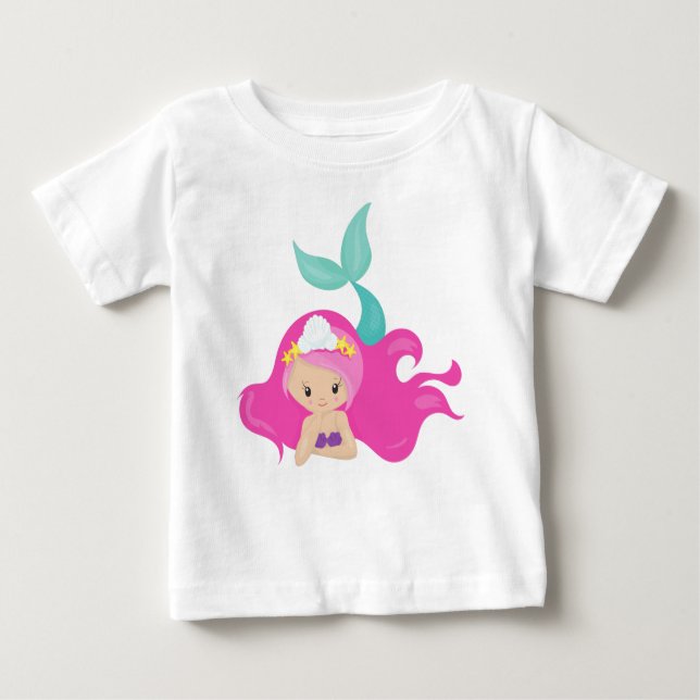 Camiseta Para Bebê Sereia Gira, Cabelo Rosa, Pequena Sereia, Fécula (Frente)