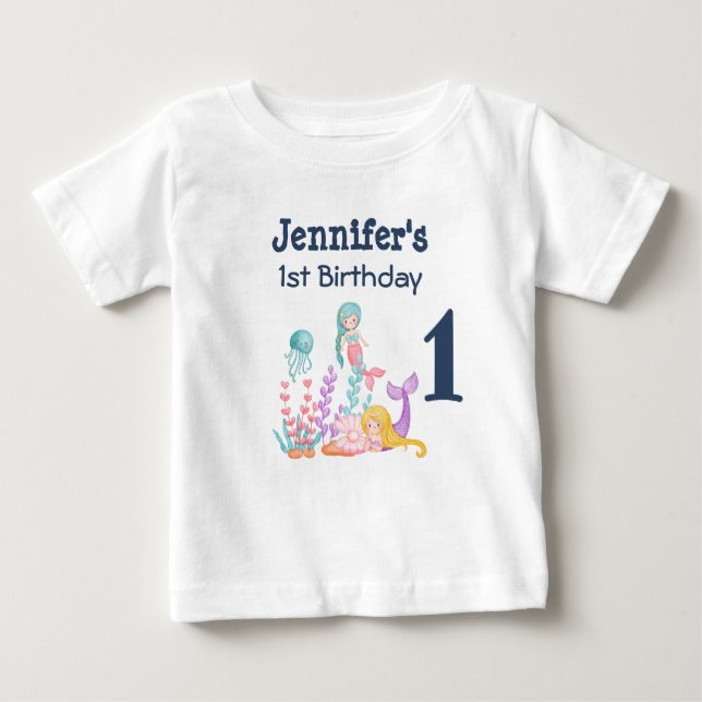 Camiseta Para Bebê Sereias & Água-Viva 1º Aniversário (Frente)