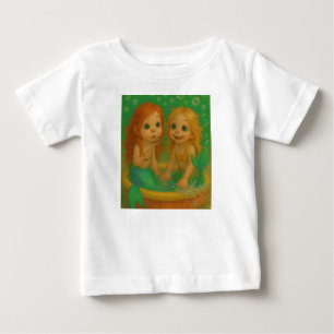 Camiseta Para Bebê Sereias irmãs fofas de olhos grandes nadando na pi