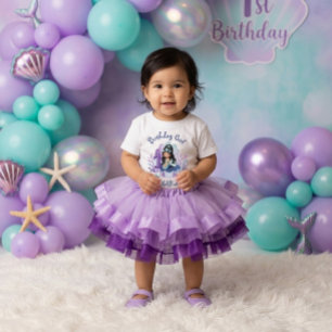 Camiseta Para Bebê Sereiazinha Menina de 1º Aniversário Verde Azul Ro