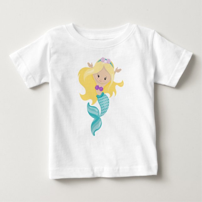 Camiseta Para Bebê Sereiazinha, Sereia Fofa, Cabelo Loiro, Conchas (Frente)