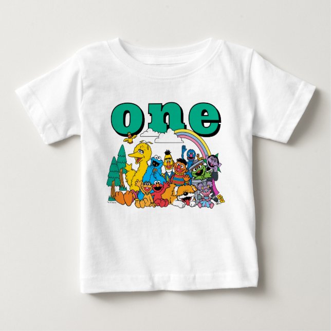 Camiseta Para Bebê Sesame Street Characters First Birthday Baby T-Shi (Frente)