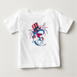 Camiseta Para Bebê Shark Patriótico Azul Branco Vermelho 4 de julho