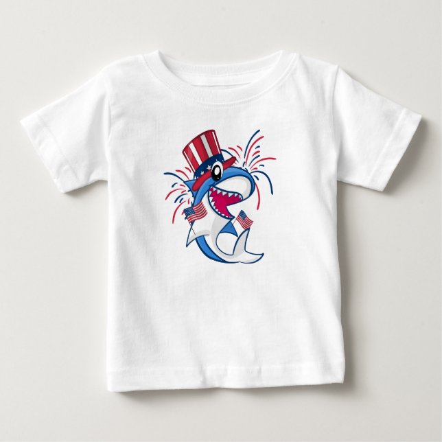 Camiseta Para Bebê Shark Patriótico Azul Branco Vermelho 4 de julho (Frente)