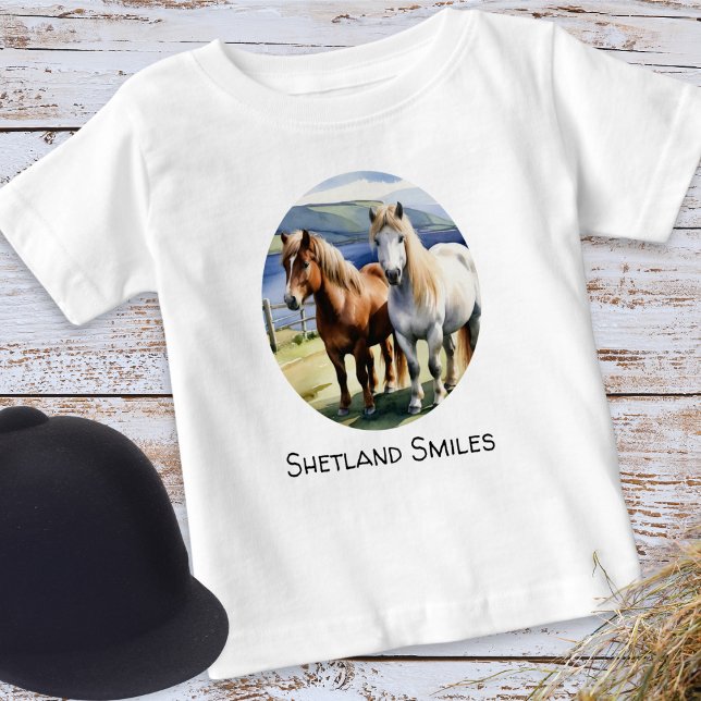 Camiseta Para Bebê Shetland Smile Ponies Cute (A cute t-shirt with picture of two Shetland ponies and editable caption 'Shetland Smiles')
